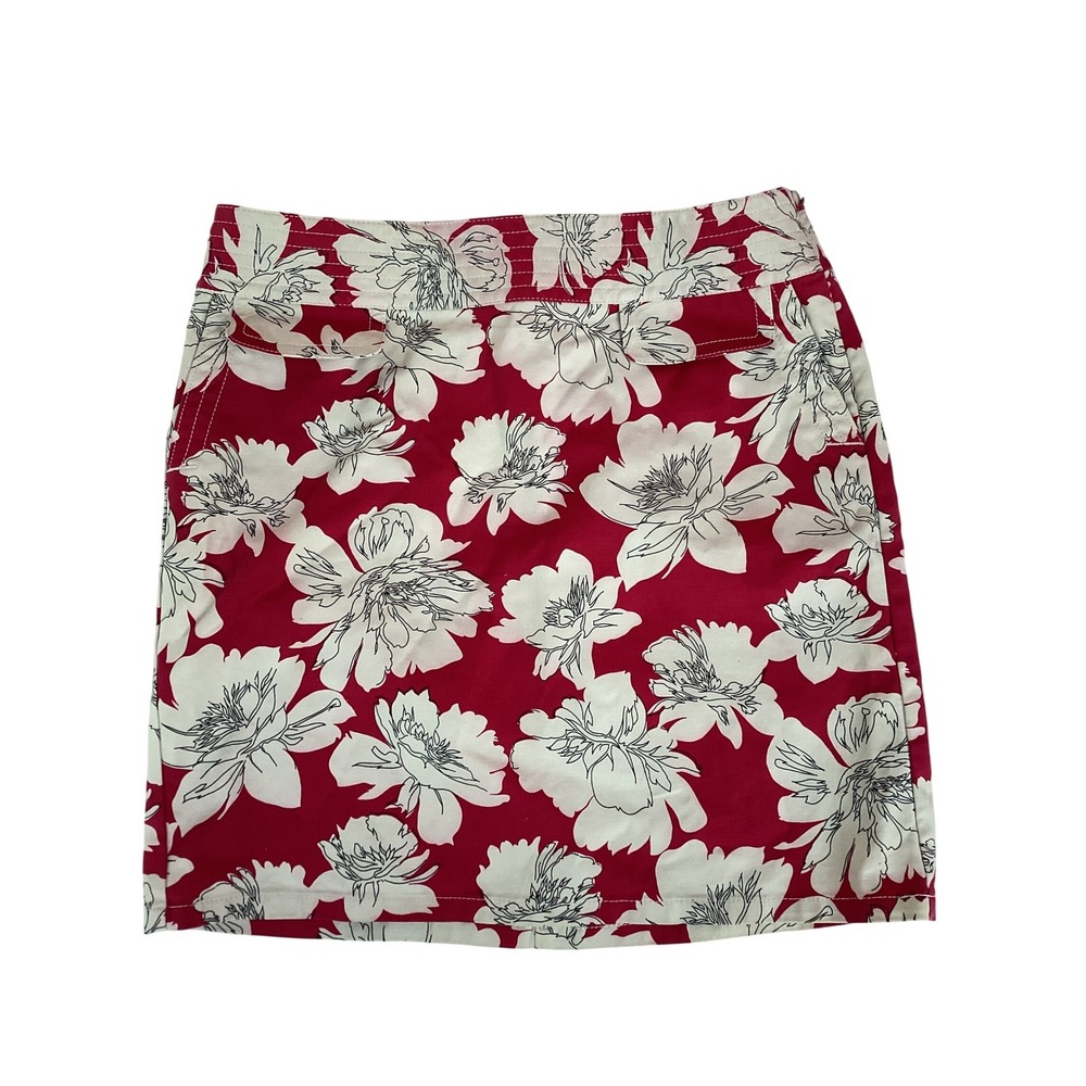Ann‎ Taylor Red White Floral Cotton Blend Mini Skirt Size 10 Side Zip A-Line